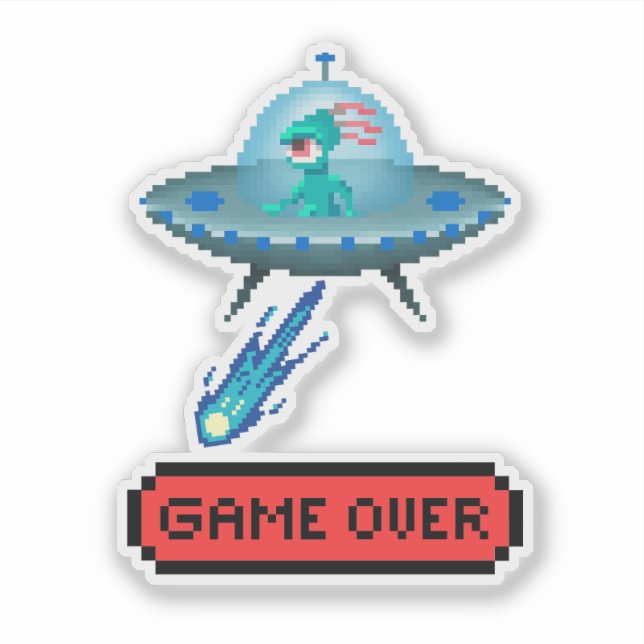 'Game Over' Alien Flying UFO Spaceship, Pixel Art (Front)