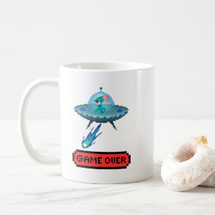 'Game Over' Alien Flying UFO Spaceship, Pixel Art Coffee Mug