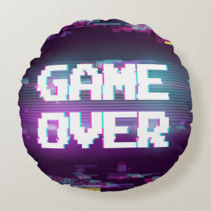 Game over concept, glitch effect. round pillow