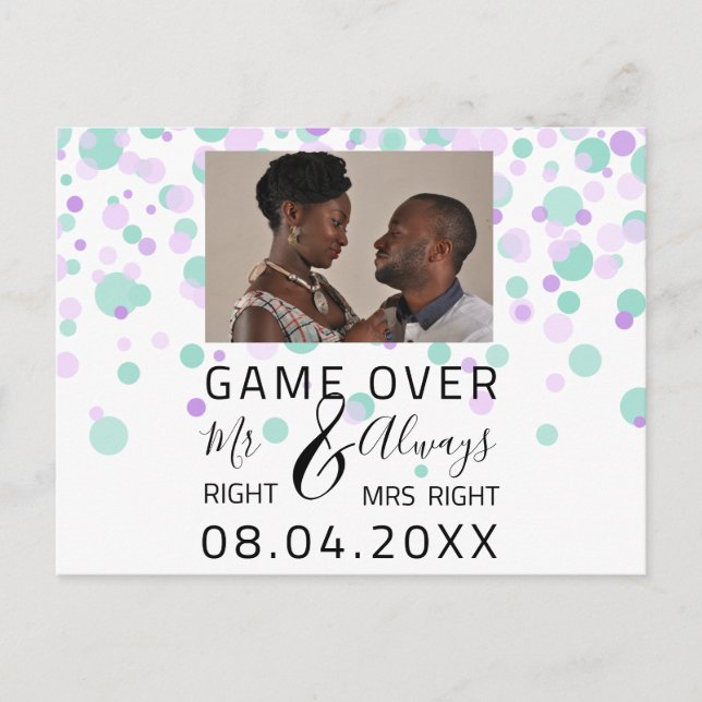 Game Over Funny Save The Date Wedding Dots Photo Postcard (Front)