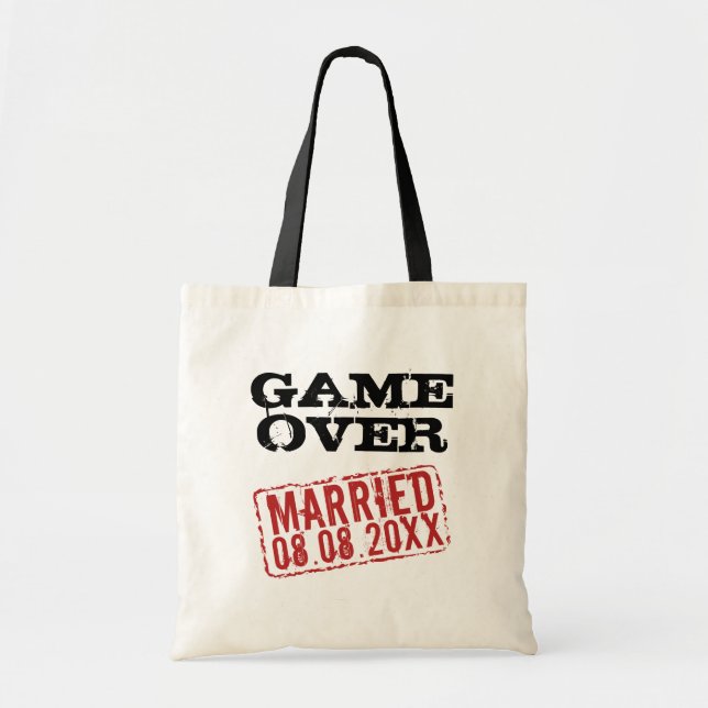 Game Over funny tote bag with wedding date stamp (Front)