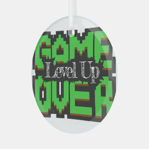 Game Over, Level Up: Pixelated Retro Game World Glass Ornament