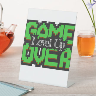 Game Over, Level Up: Pixelated Retro Game World Pedestal Sign