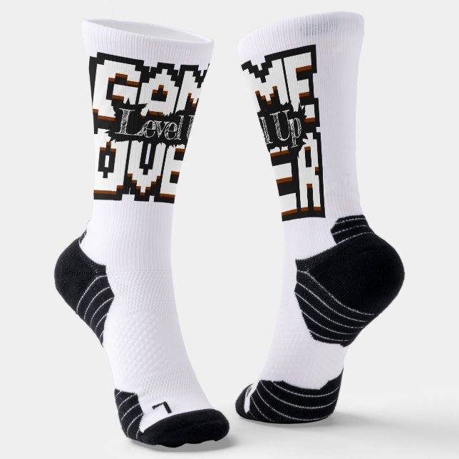 Game Over, Level Up: Pixelated Retro Game World Socks (Angled)