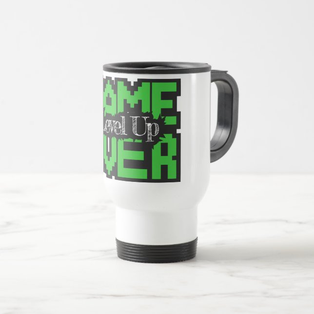 Game Over, Level Up: Retro Pixel Sandbox Adventure Travel Mug (Front Right)