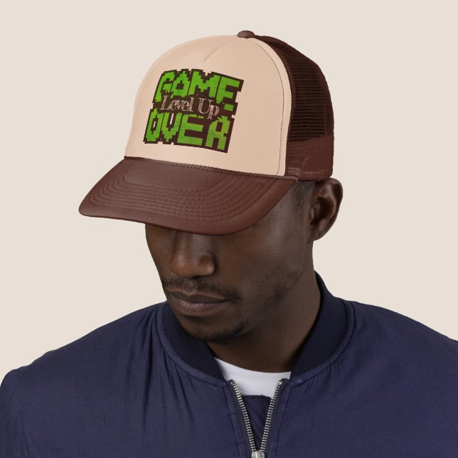 Game Over, Level Up: Retro Pixel Sandbox Adventure Trucker Hat (In Situ)