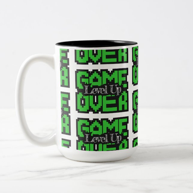 Game Over, Level Up: Retro Pixel Sandbox Adventure Two-Tone Coffee Mug (Left)