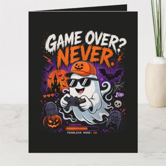 Game Over Never Funny Gamer Ghost Halloween Card (Front)