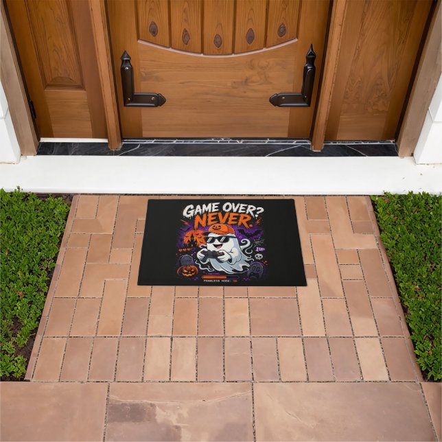 Game Over Never Funny Gamer Ghost Halloween Doormat (Outdoor)