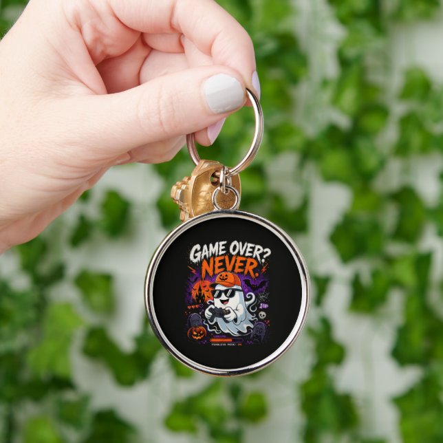 Game Over Never Funny Gamer Ghost Halloween Keychain (Hand)
