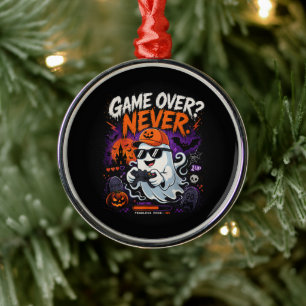 Game Over Never Funny Gamer Ghost Halloween Metal Ornament