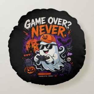 Game Over Never Funny Gamer Ghost Halloween Round Pillow