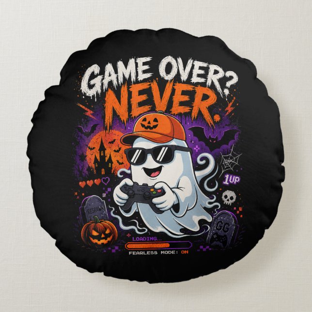 Game Over Never Funny Gamer Ghost Halloween Round Pillow (Front)