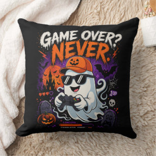 Game Over Never Funny Gamer Ghost Halloween Throw Pillow