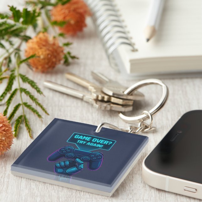 Game Over? Try Again! Futuristic Gamer Acrylic  Keychain (Front Right)