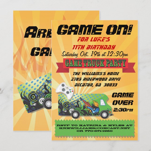 Game Truck Party Invitations (Front/Back)