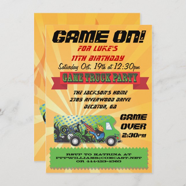 Game Truck Party Invitations (Front/Back)