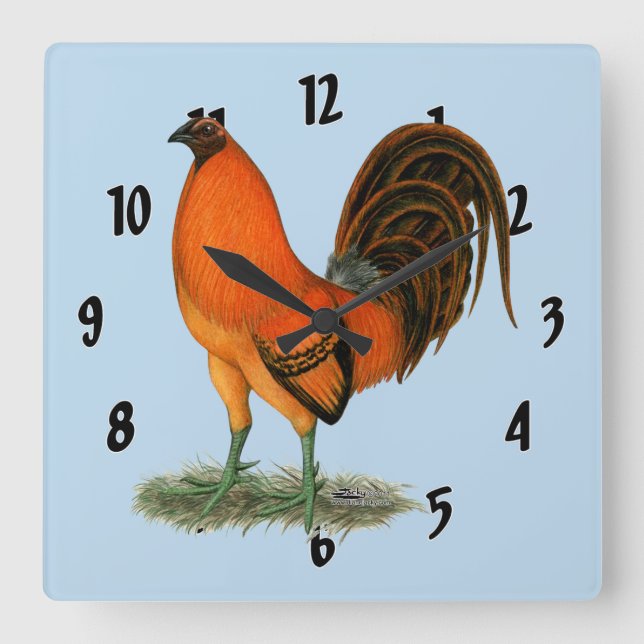Gamecock Ginger Red Rooster Square Wall Clock (Front)