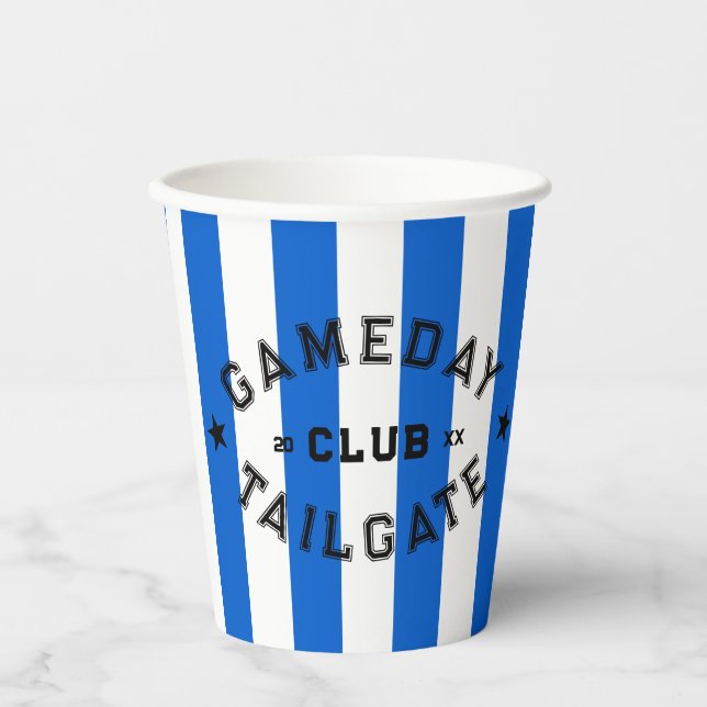 Gameday Tailgate Club Blue Stripe Custom Party Paper Cups (Front)