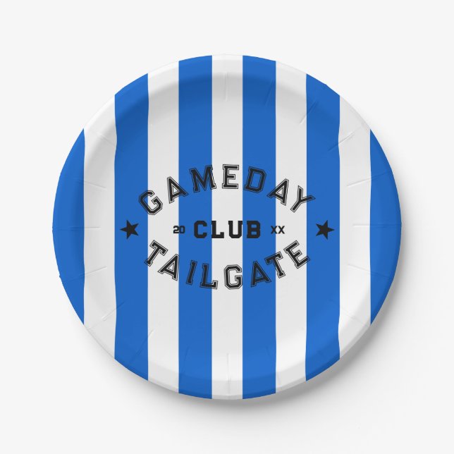 Gameday Tailgate Club Blue Stripe Custom Party Paper Plate (Front)