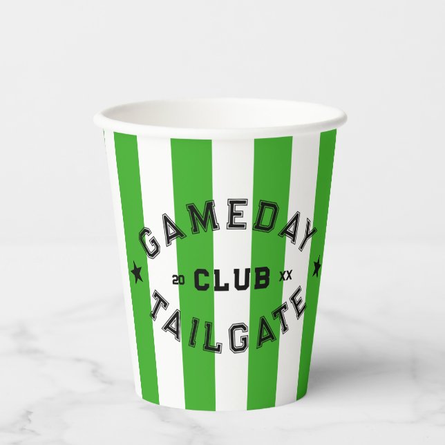 Gameday Tailgate Club Green Stripe Custom Party Paper Cups (Front)
