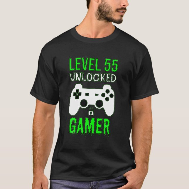 Gamer 55th Birthday Funny Gift Level 55 Unlocked T-Shirt (Front)