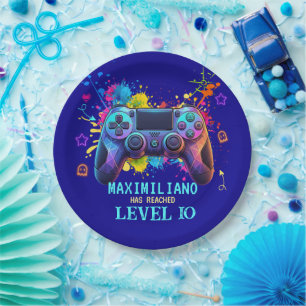 Gamer Birthday Blue Splatter Paint Video Game Paper Plate