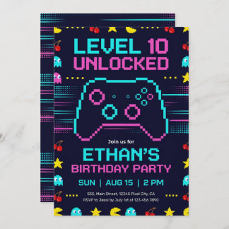 Gamer Birthday Invitation  Pixel Video Game Party
