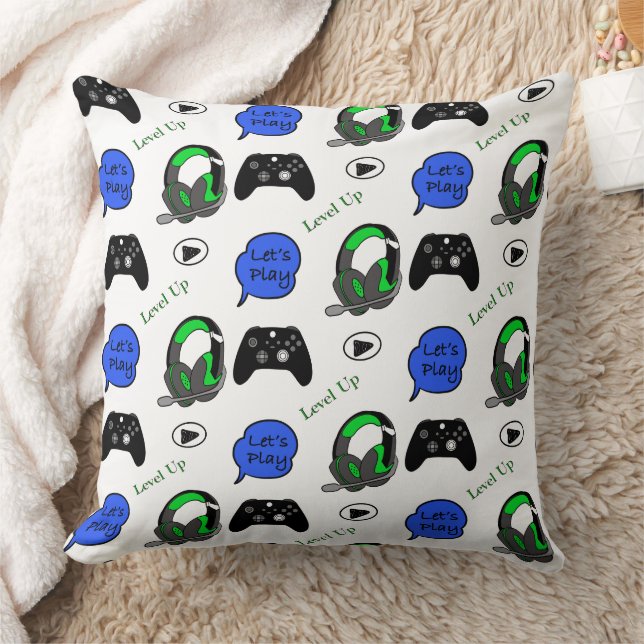 Gamer Boy Blue, Lime Green and Black  Throw Pillow (Blanket)