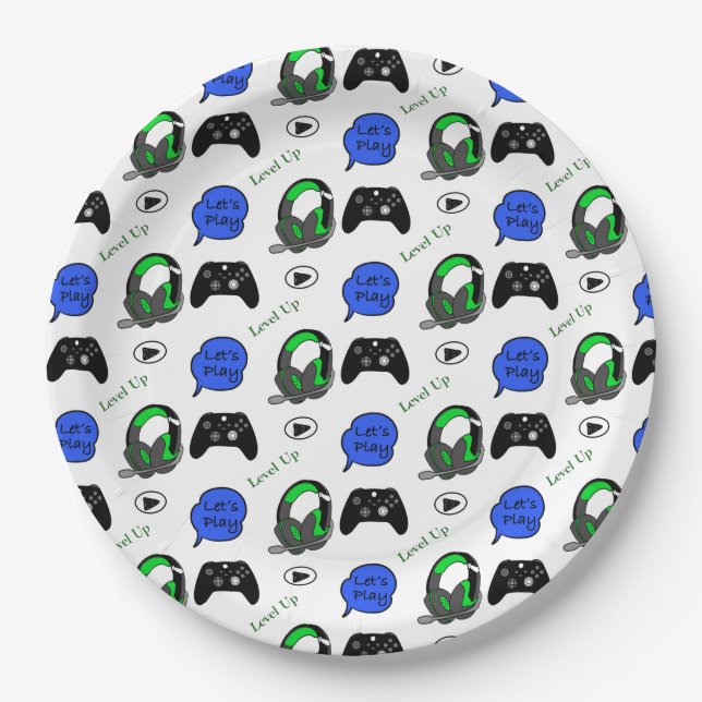 Gamer Boy Blue Pixels Birthday   Paper Plate (Front)