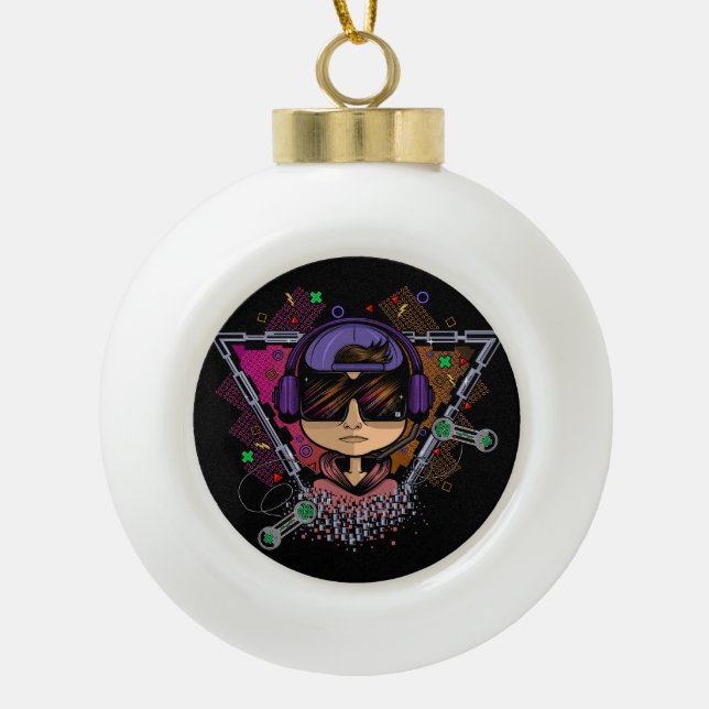 Gamer Boy Ceramic Ball Christmas Ornament (Front)