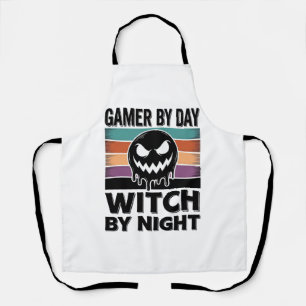 Gamer By Day Witch By Night Retro Halloween Design Apron