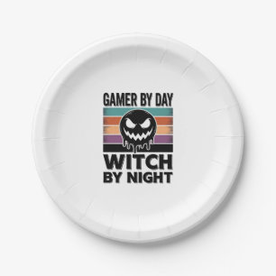 Gamer By Day Witch By Night Retro Halloween Design Paper Plate