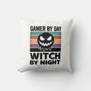 Gamer By Day Witch By Night Retro Halloween Design Throw Pillow