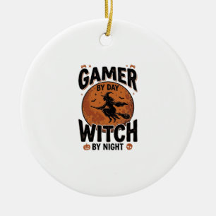 Gamer By Day Witch By Night Vintage Gaming Design_ Ceramic Ornament