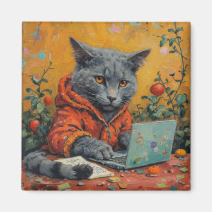 Gamer Cat at the Computer – Funny Tech Meme Square Magnet