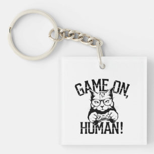 Gamer Cat Design Game On Human - Cute Funny Cat Keychain