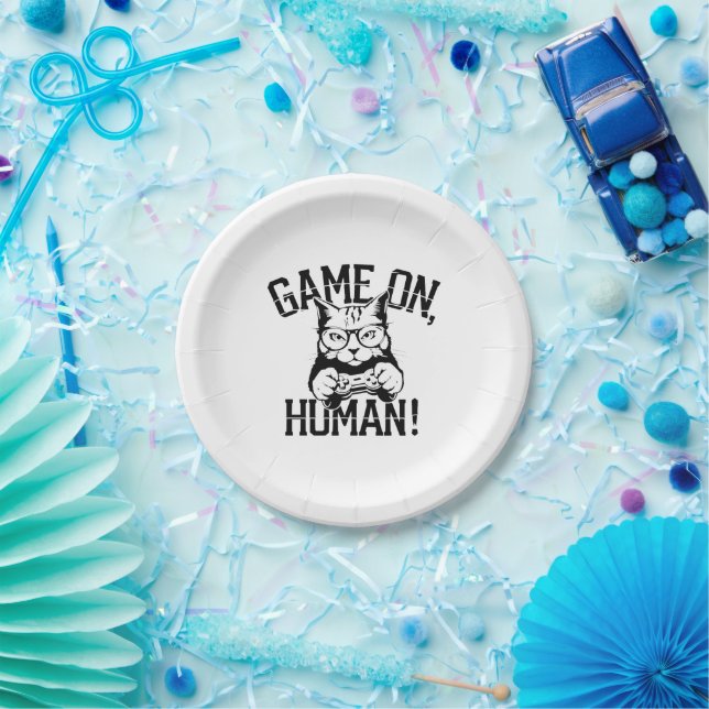 Gamer Cat Design Game On Human - Cute Funny Cat  Paper Plate (Party)