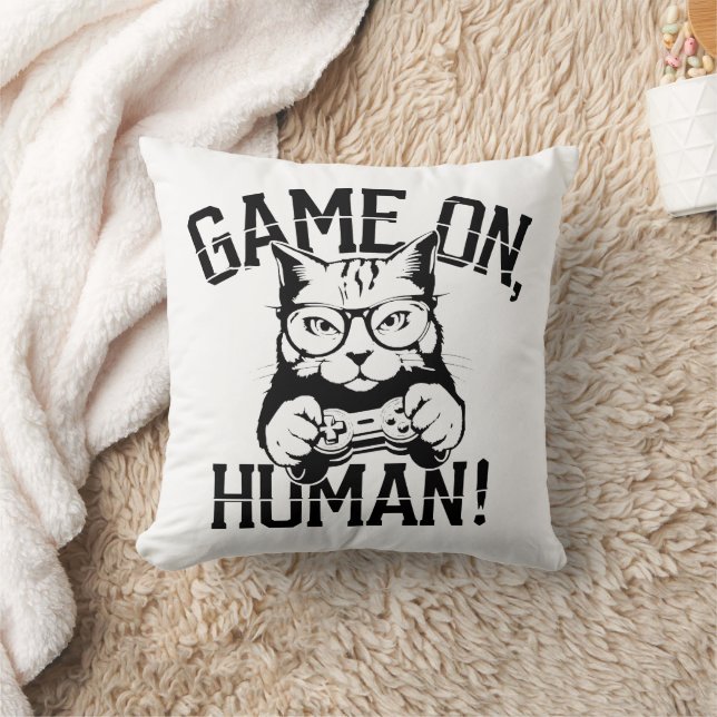 Gamer Cat Design Game On Human - Cute Funny Cat  Throw Pillow (Blanket)