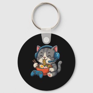 Gamer Cat Eating Ramen - Gaming Lover Console Game Keychain