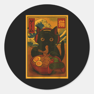 Gamer Cat Eating Ramen Japanese Style  Classic Round Sticker