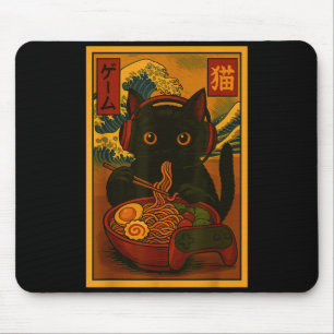 Gamer Cat Eating Ramen Japanese Style  Mouse Pad