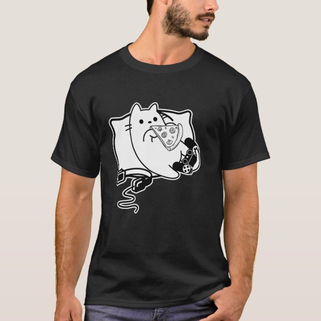 Gamer Cat Girl Boy loading Pizza Headset and Pad  T-Shirt (Front)