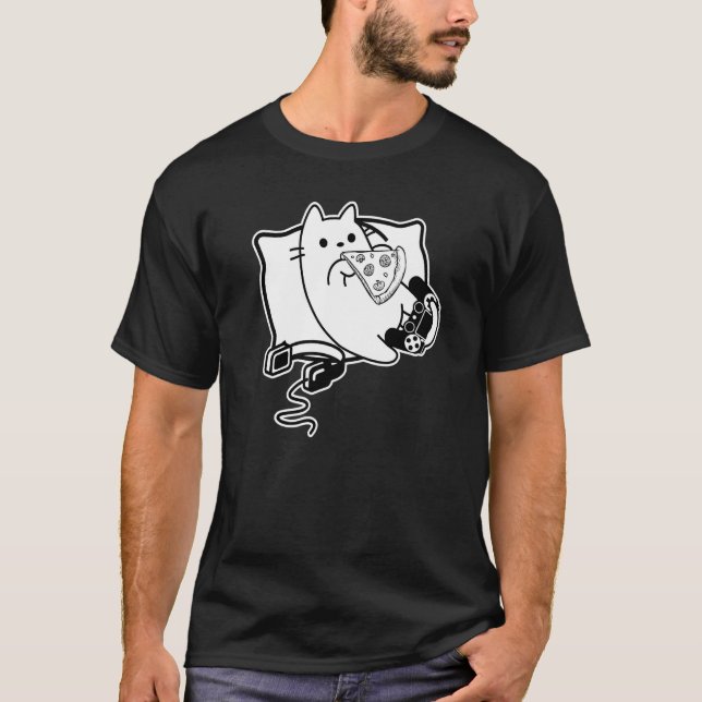Gamer Cat Girl Boy loading Pizza Headset and Pad T-Shirt (Front)