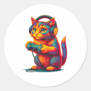 Gamer Cat Video Games Boys Teen Men Girls Funny Classic Round Sticker