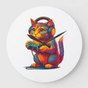 Gamer Cat Video Games Boys Teen Men Girls Funny  Large Clock