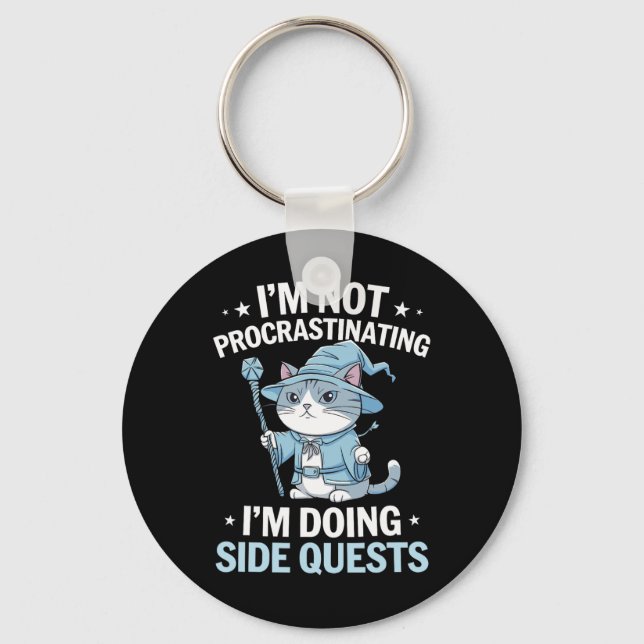 Gamer Cats Side Quest Procrastinating Nerdy Tablet Keychain (Front)