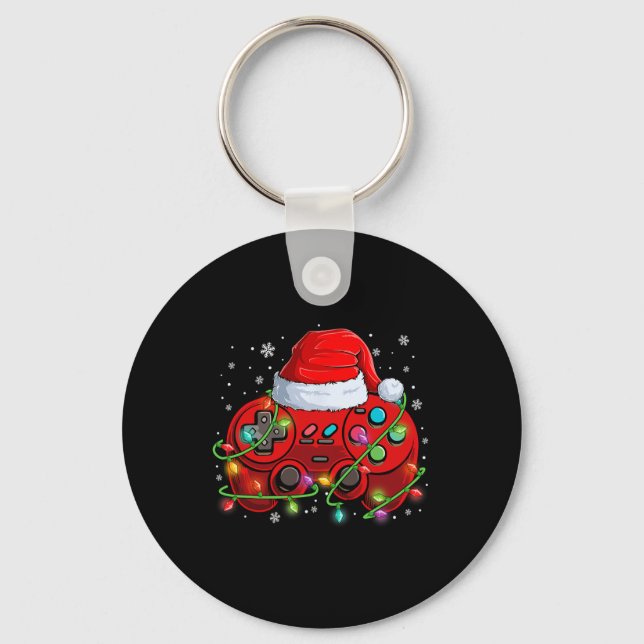Gamer Christmas Video Game Santa Hat Lights Gaming Keychain (Front)