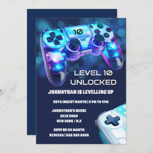 Gamer console neon lights boys gaming party invitation