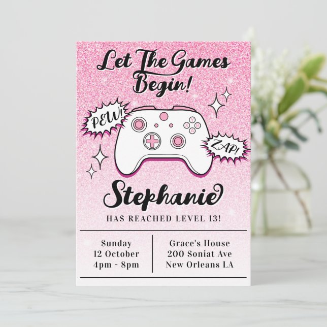 Gamer Controller Girly Pink Glitter 13th Birthday Invitation (Standing Front)